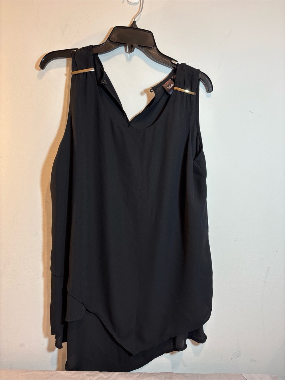 Rafaella Black Sleeveless Layered V-Neck Blouse with Gold Bar Details. 659
